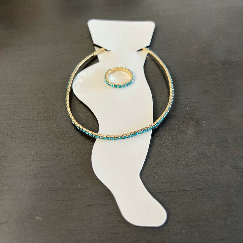 Gold & Blue Stretchy Allover Rhinestone Anklet Ankle Bracelet & Toe Ring Set